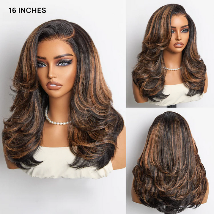 4x4 Lace Brown Highlight Layered Haircut Wavy Glueless Wig 100% Human Hair