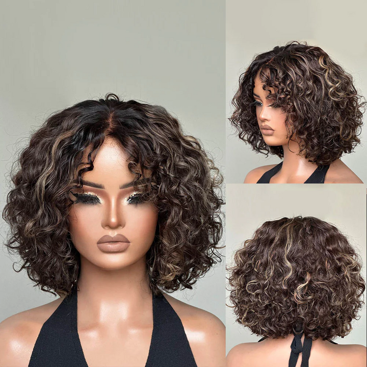 4x4 Lace Short Blonde Highlights Pixie Curly Glueless Wig