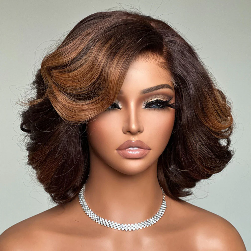 4x4 Lace Fall Vibe Brown Highlight Short Layered Wavy Glueless Wig