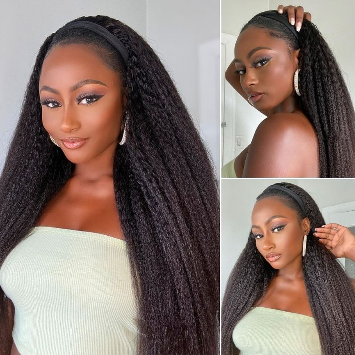 Anfängerfreundliche, wassergewellte, kleberlose Perücke mit langem Stirnband, 100 % Echthaar