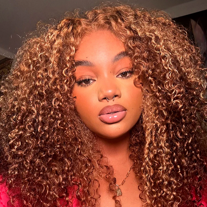Kinky Curly Honey Blonde Highlight 7x5 Pre-Everyhthing & Transparent Lace Wear Go Glueless Wig