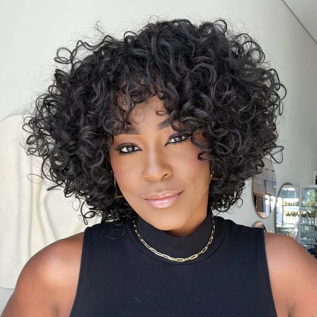 No Lace  Put On & Go Glueless Short Bob Curly 100% Human Hair Wig