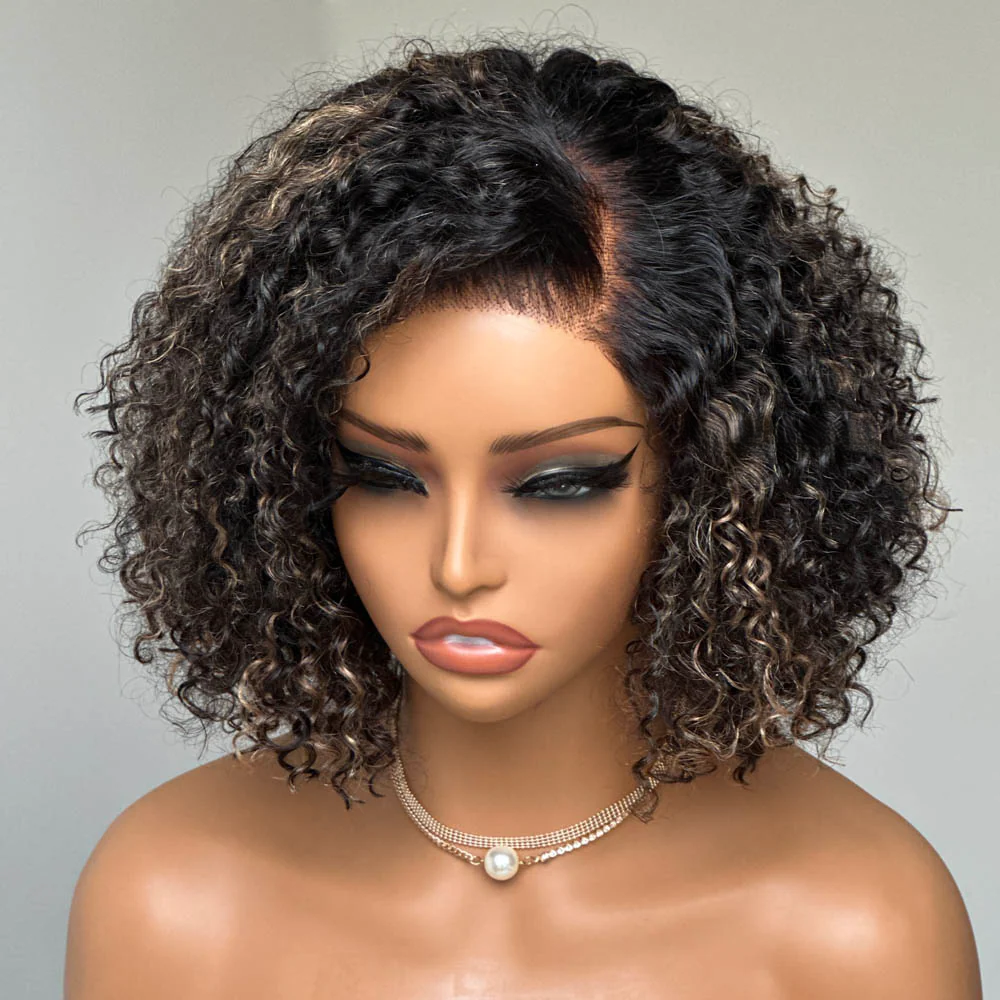 4x4 Lace  Blonde Highlight Kinky Curly Glueless Bob Wig
