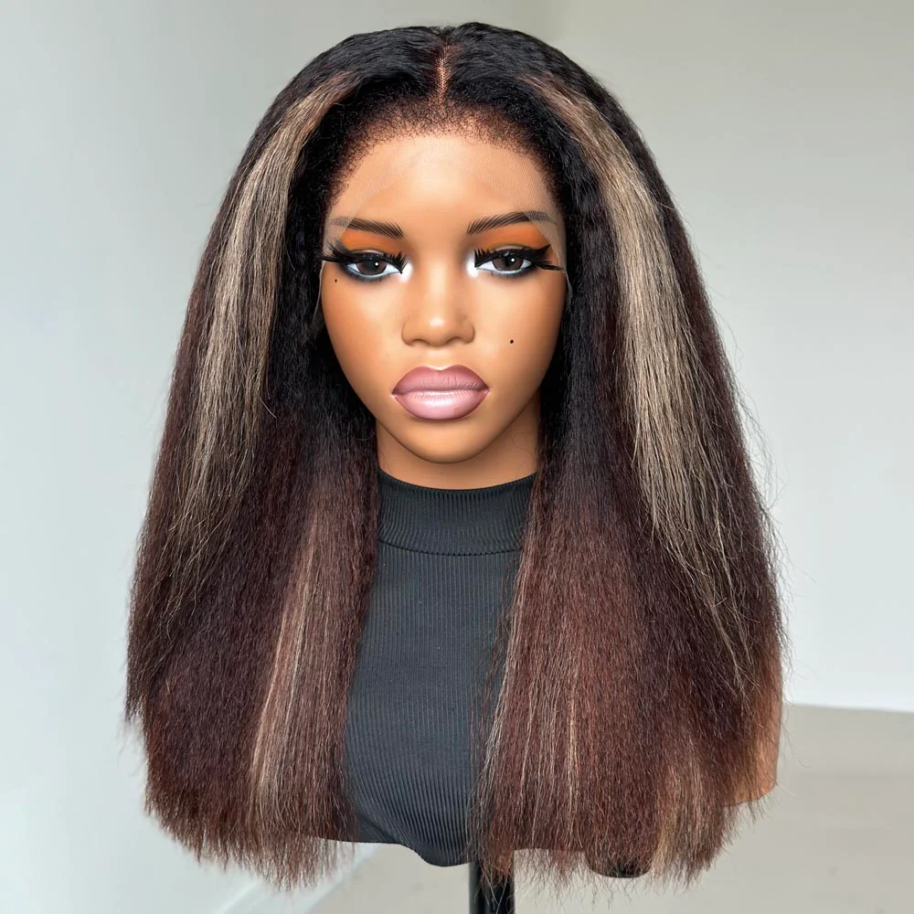 13x4 Lace Blonde Highlight Kinky Straight With 4C Kinky Edges Wig
