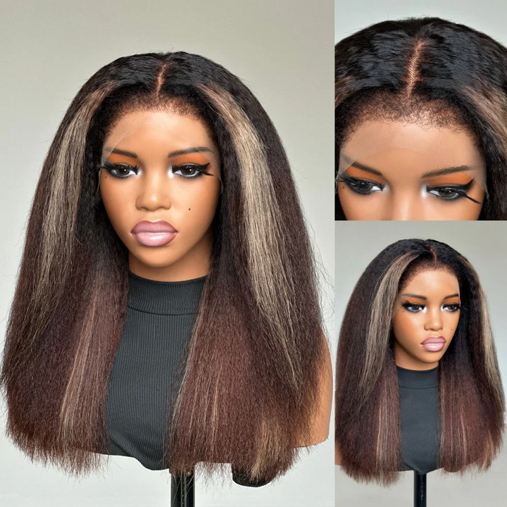 13x4 Lace Blonde Highlight Kinky Straight With 4C Kinky Edges Wig