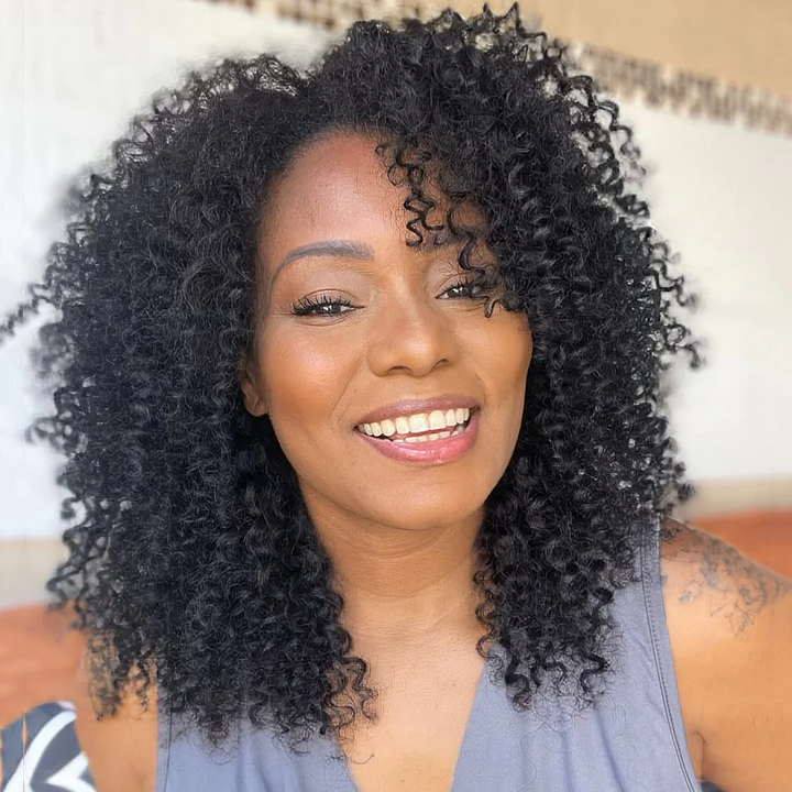 No Lace Put on & Go Natural Black Tight Deep Curly With Bang Wig 100% Human Hair Wig