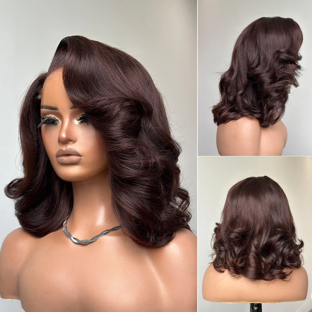 4x4 Lace Dark Brown Layered Cut Body Wave Bob Wig 100% Human Hair