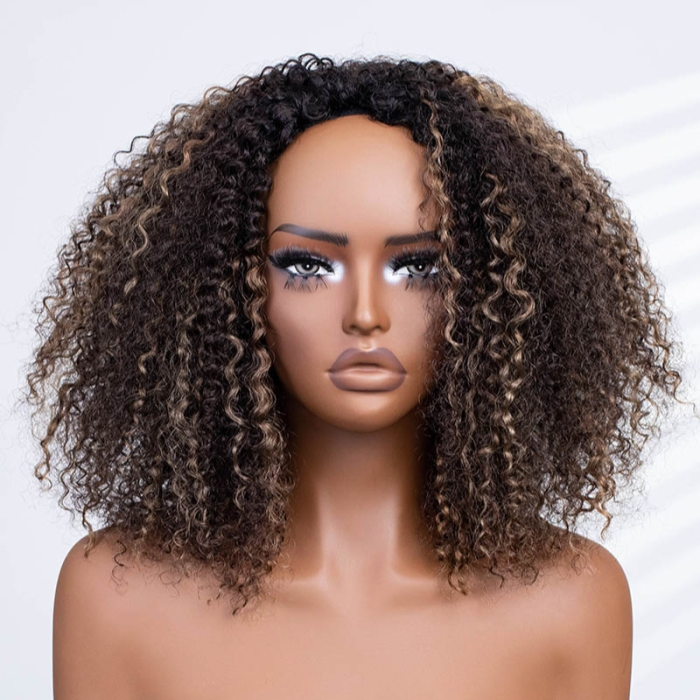 3 IN 1 HALF WIG Highlight Brown Kinky Curly Half Wig Draw-strings Flip Over Wig