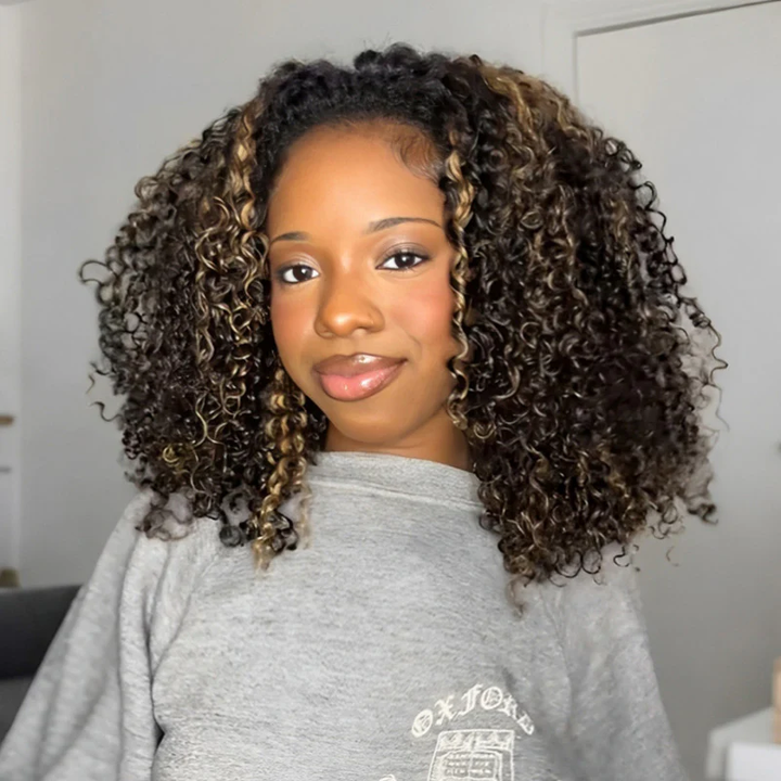 3 IN 1 HALF WIG Highlight Brown Kinky Curly Half Wig Draw-strings Flip Over Wig