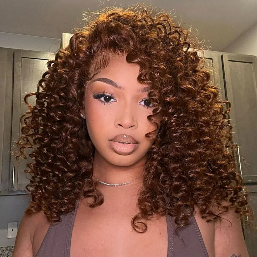 13x4 Lace Put On & Go Chocolate Reddish Brown Glueless Bouncy Curly Wig