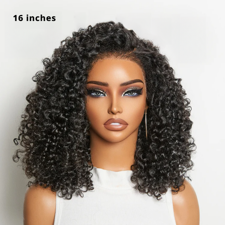 4x4 Lace 4C Kinky Edges Jet Black Burmese Curly Glueless Wig 100% Human Hair