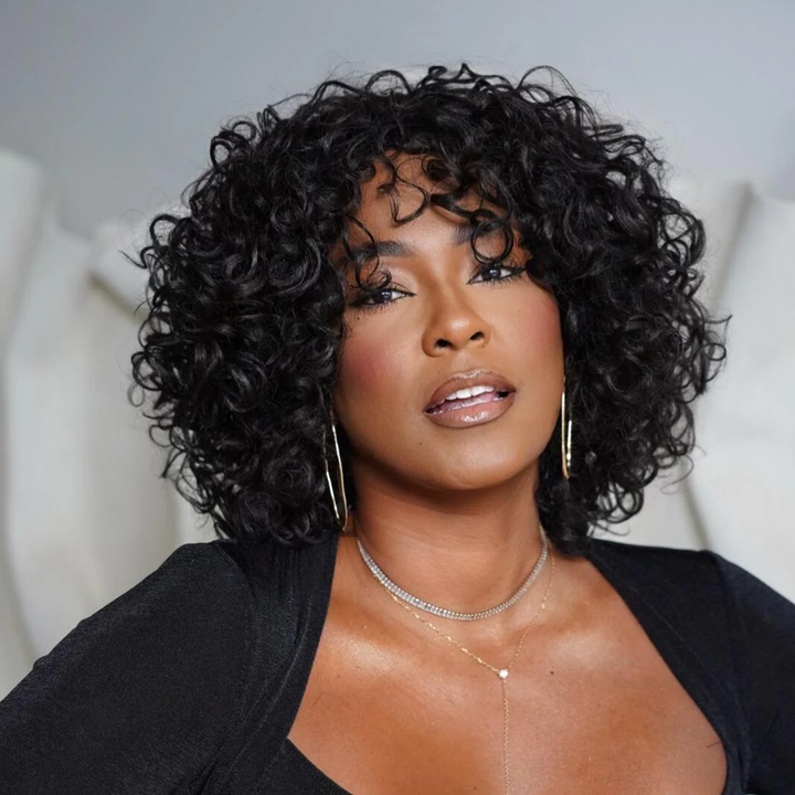 No Lace  Put On & Go Glueless Short Bob Curly 100% Human Hair Wig