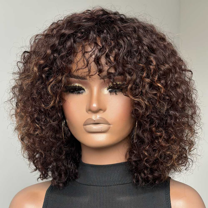 No Lace Put on & Go Brown Highlight Curly Bob Wig With Bangs