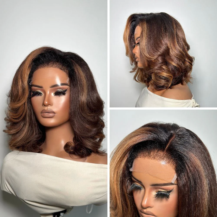 4x4 Lace Ombre Golden Brown Blowout Wig with Kinky Edges