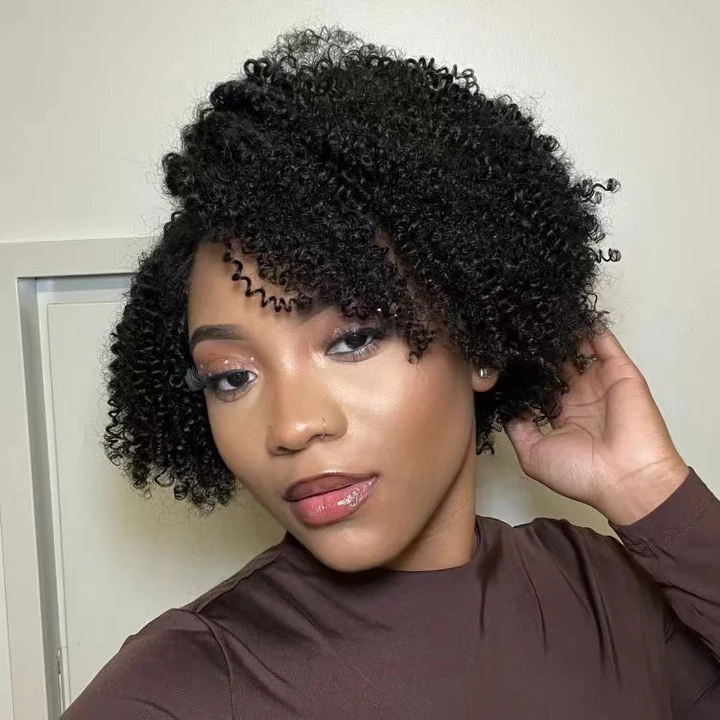 4x4 Lace Kinky Edges Jerry Curly Wear Go Glueless Side Part Short Wig