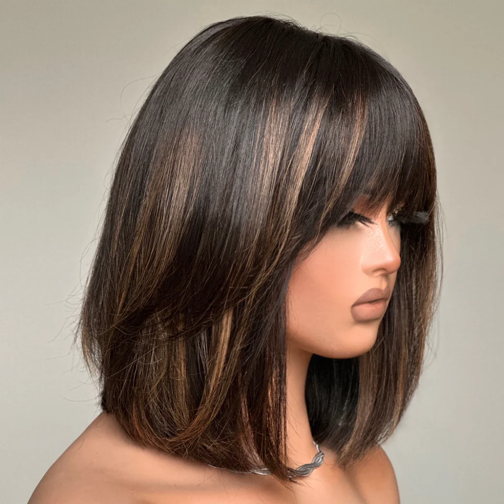 No Lace Highlight Short Straight Wig With Bangs 100% Human Hair