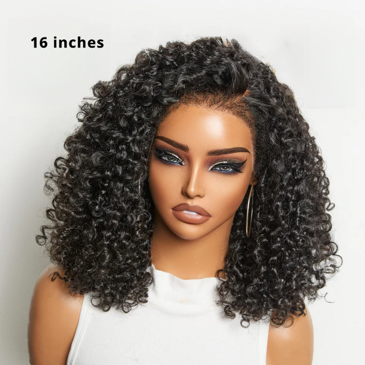 4x4 Lace 4C Kinky Edges Jet Black Burmese Curly Glueless Wig 100% Human Hair