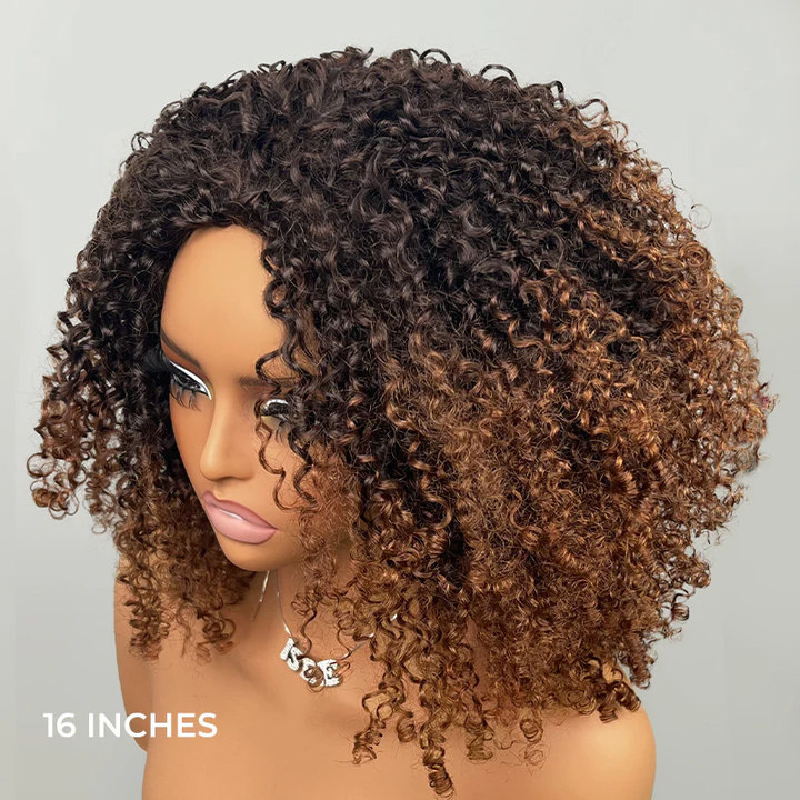 3 IN 1 HALF WIG Ombre Brown Layered Curly Pre-Styled Kinky Coily Half Wig Flip Over Draw-strings Wig