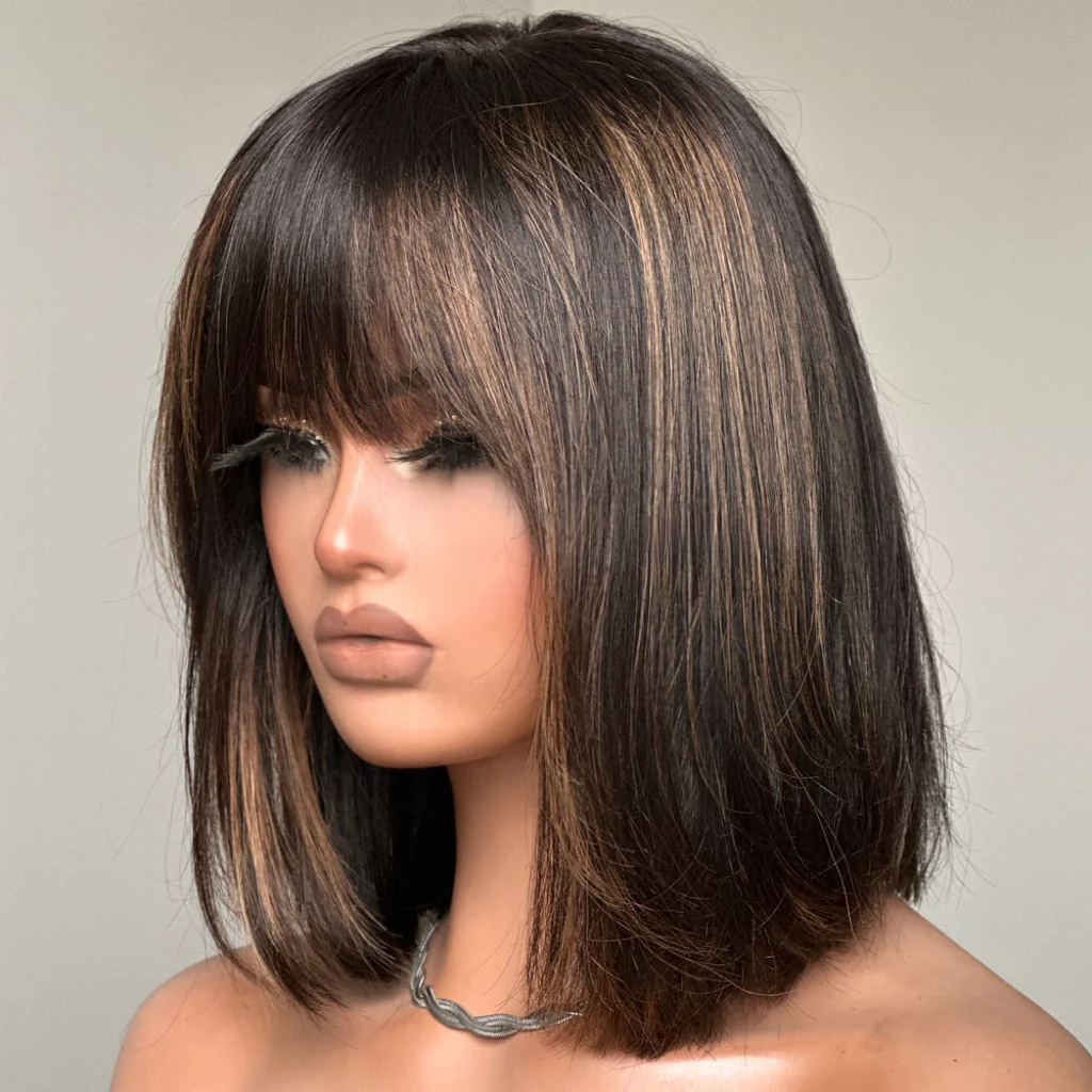 No Lace Highlight Short Straight Wig With Bangs 100% Human Hair