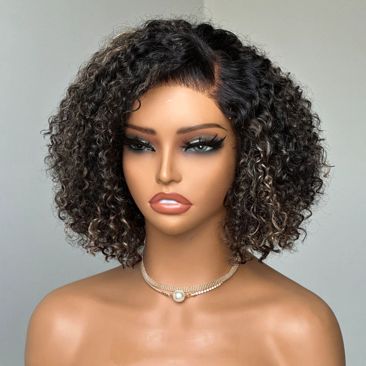4x4 Lace  Blonde Highlight Kinky Curly Glueless Bob Wig
