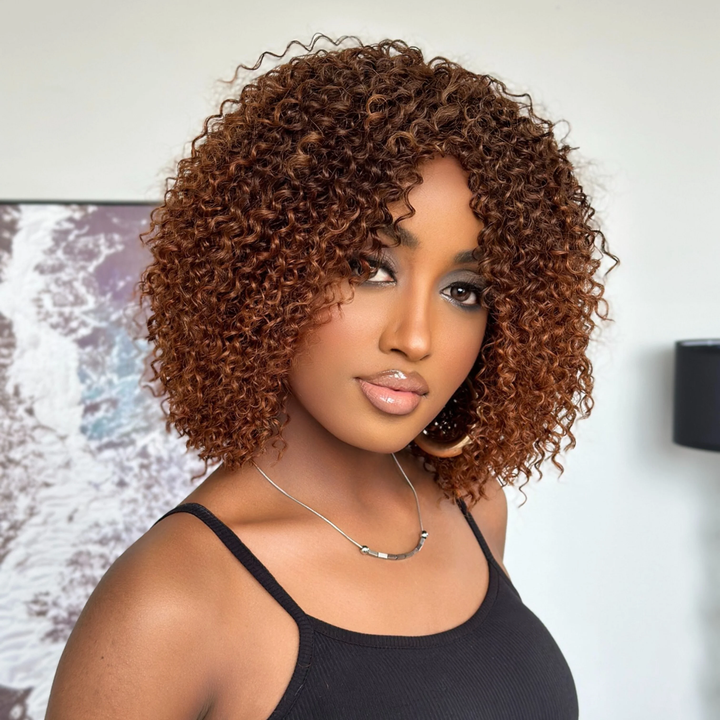 No Lace Dark Brown Mix Light Auburn Curly Glueless Wig With Bangs
