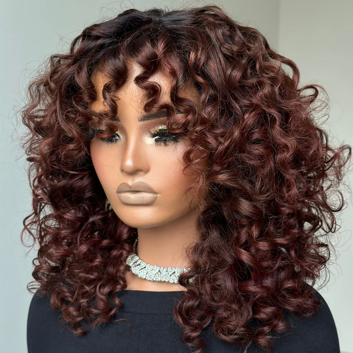 4x4 Lace Reddish Brown With Dark Root Bouncy Curl Glueless Wig