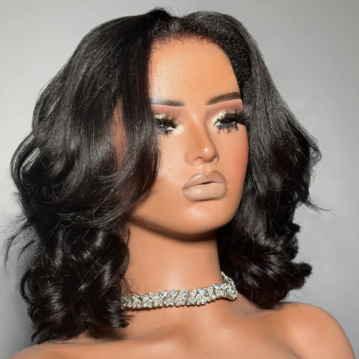 4x4 Lace Yaki Wavy Bob Pre-cut Lace With Kinky Edges Glueless Wig
