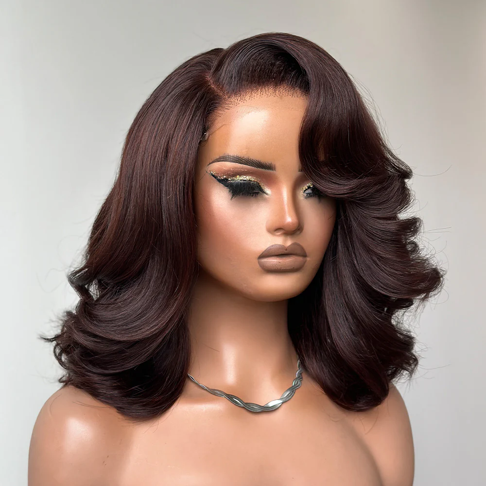 4x4 Lace Dark Brown Layered Cut Body Wave Bob Wig 100% Human Hair