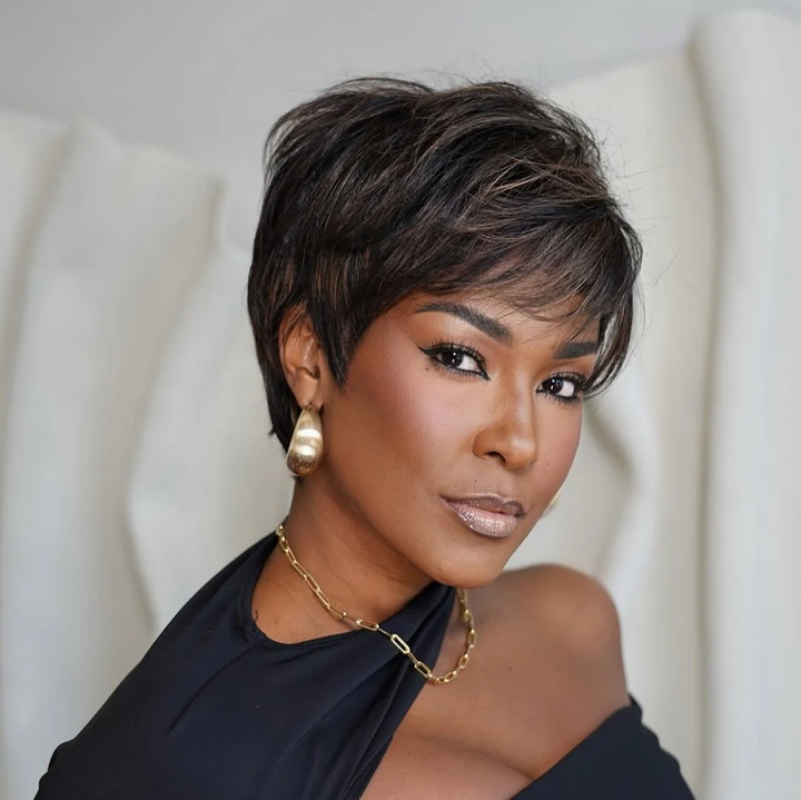 Put On & Go Brown Highlight Layered Pixie Cut Wig With Bangs