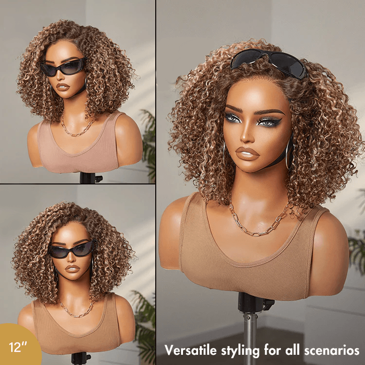 6x4 Lace Ash Blonde Highlight Short Kinky Curly Wear And Go Glueless Wig TianaHair