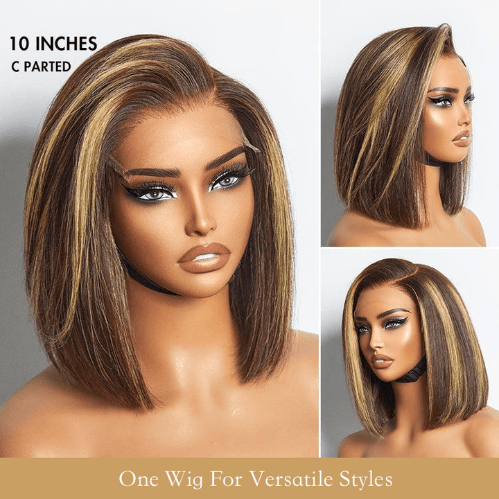 6x4 Lace Honey Blonde Highlight Silky Blunt Cut Wear Go Pre-Plucked Bob Wig TianaHair