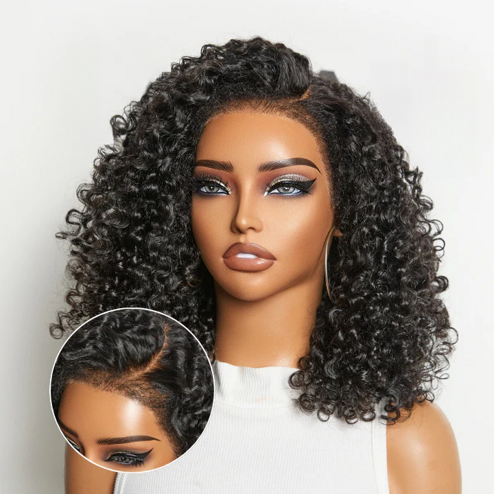4x4 Lace 4C Kinky Edges Jet Black Burmese Curly Glueless Wig 100% Human Hair