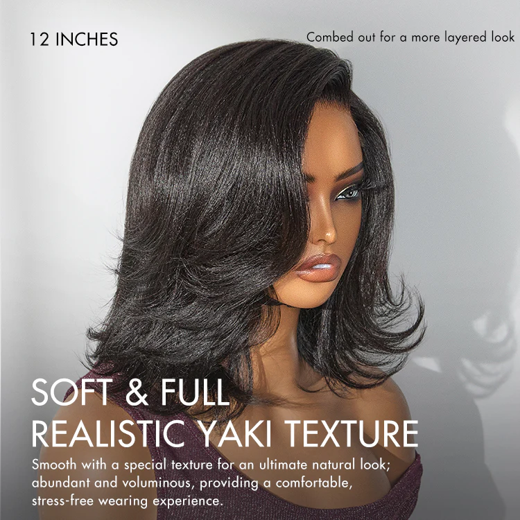 7x5 Lace Natural Look Yaki Texture Layered Bangs Bob Wig Glueless 100% Human Hair Wig