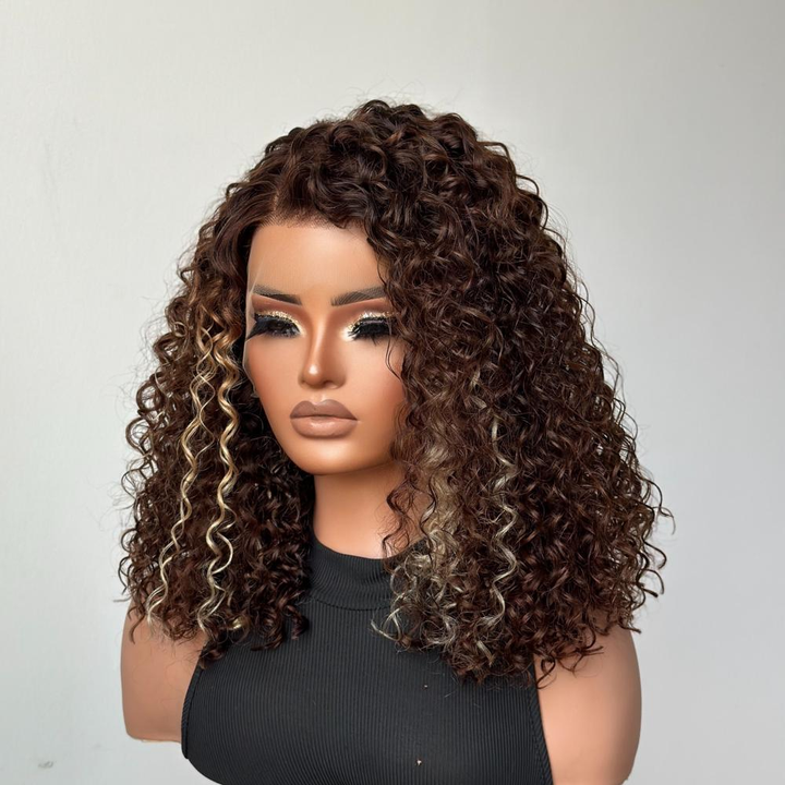 4x4/7x5 Lace Brown With Blonde Highlight Kinky Curly Pre-Everything Wear Go Glueless Wig