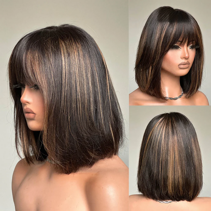 No Lace Highlight Short Straight Wig With Bangs 100% Human Hair