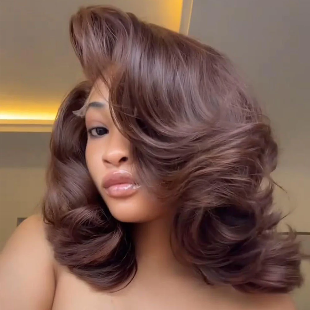 4x4 Lace Dark Brown Layered Cut Body Wave Bob Wig 100% Human Hair