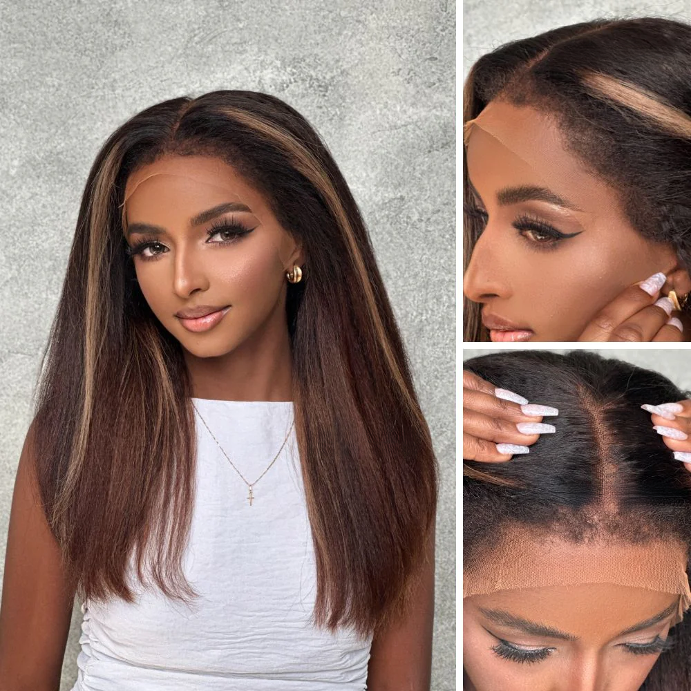 13x4 Lace Blonde Highlight Kinky Straight With 4C Kinky Edges Wig