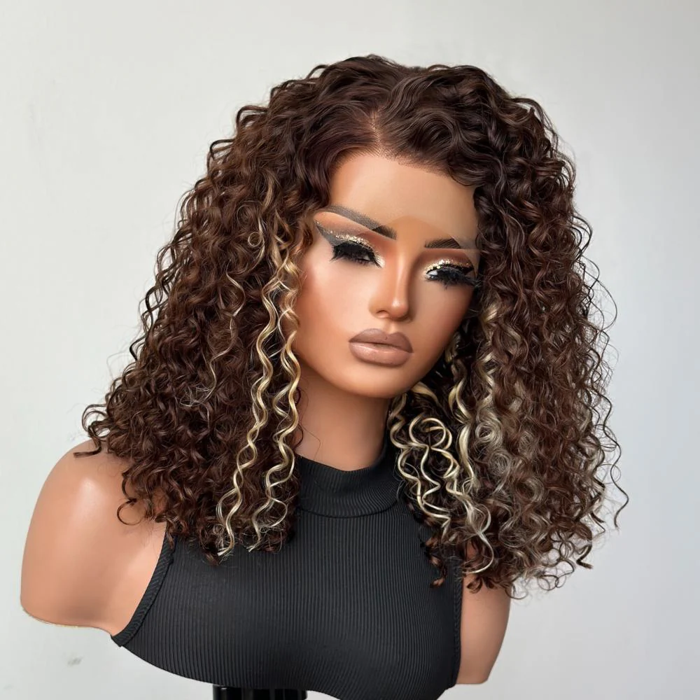4x4/7x5 Lace Brown With Blonde Highlight Kinky Curly Pre-Everything Wear Go Glueless Wig