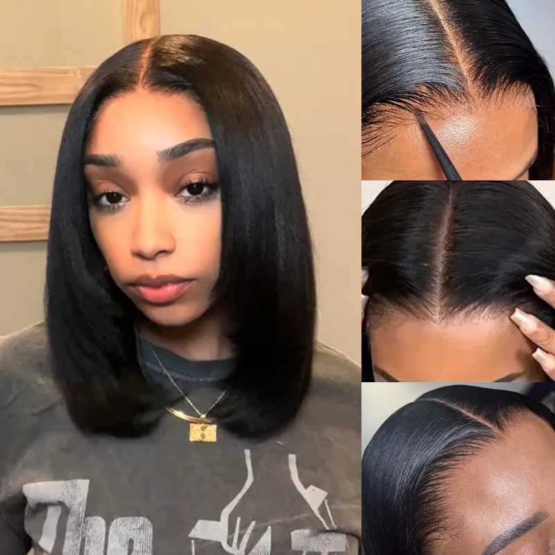 9x6 T Part Layered Cut Bob Yaki Straight Wig Deep Part Lace Flexi-Fit Invisi Drawstring Cap Glueless Wig