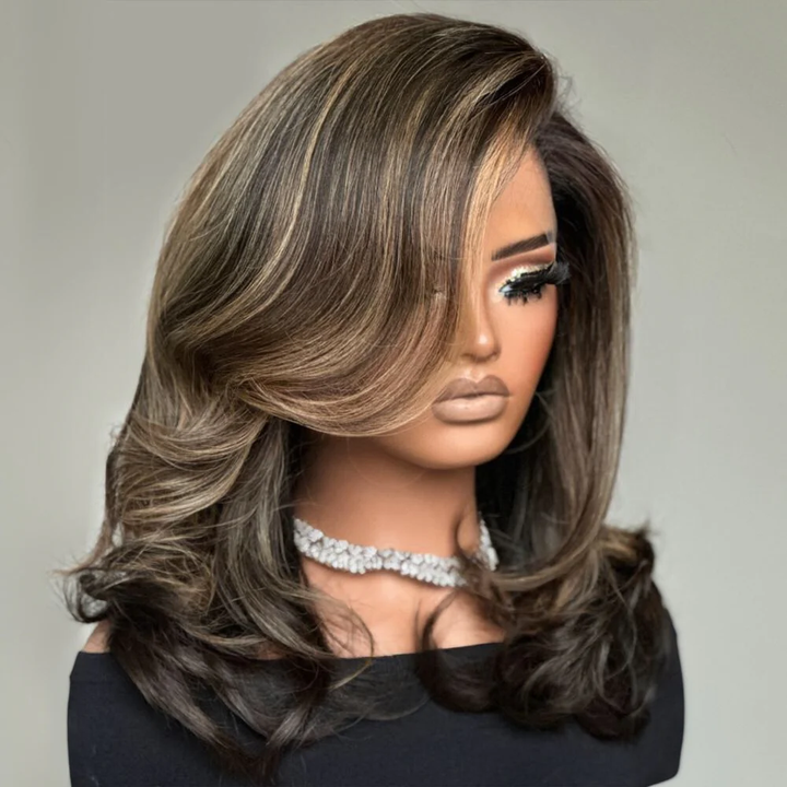 4x4/7x5 Lace Blonde Highlight With Dark Brown Layered Wavy Glueless Wig