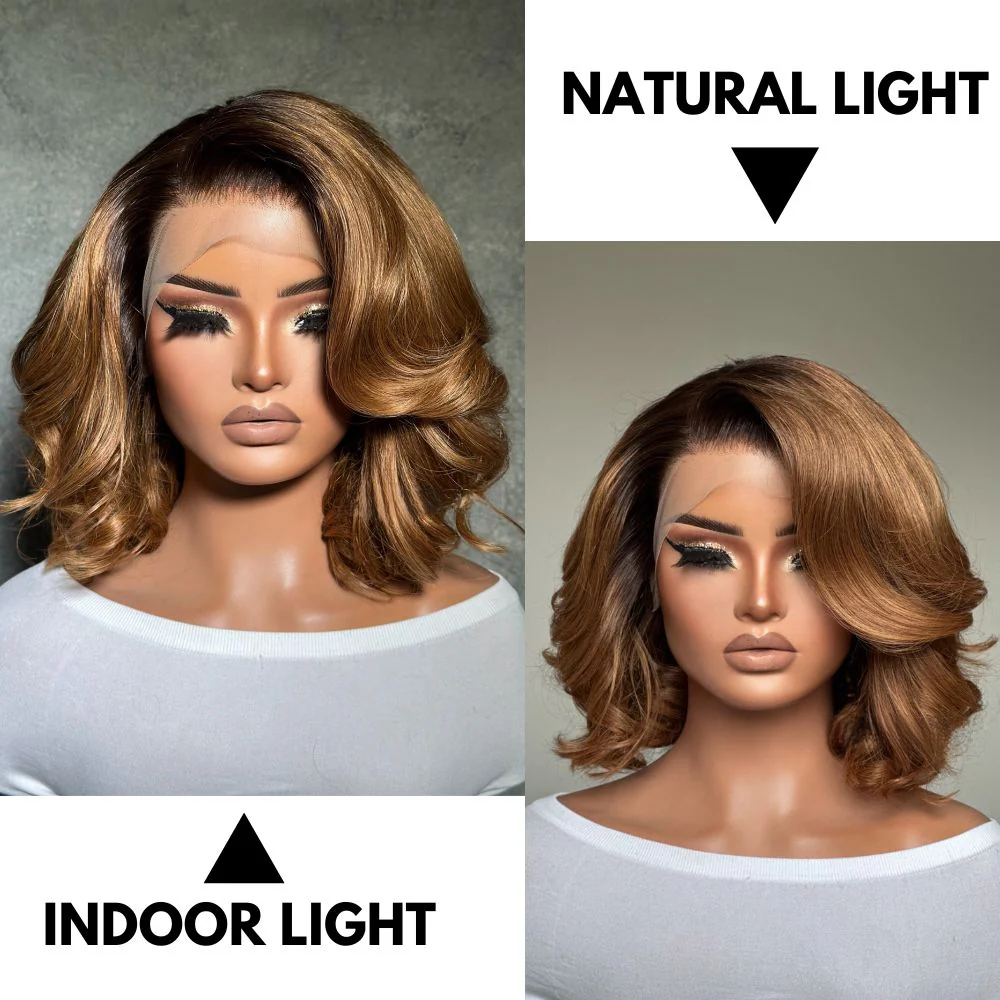 4x4 Ombre Honey Blonde Side Part Layered Bob Wig 100% Human Hair