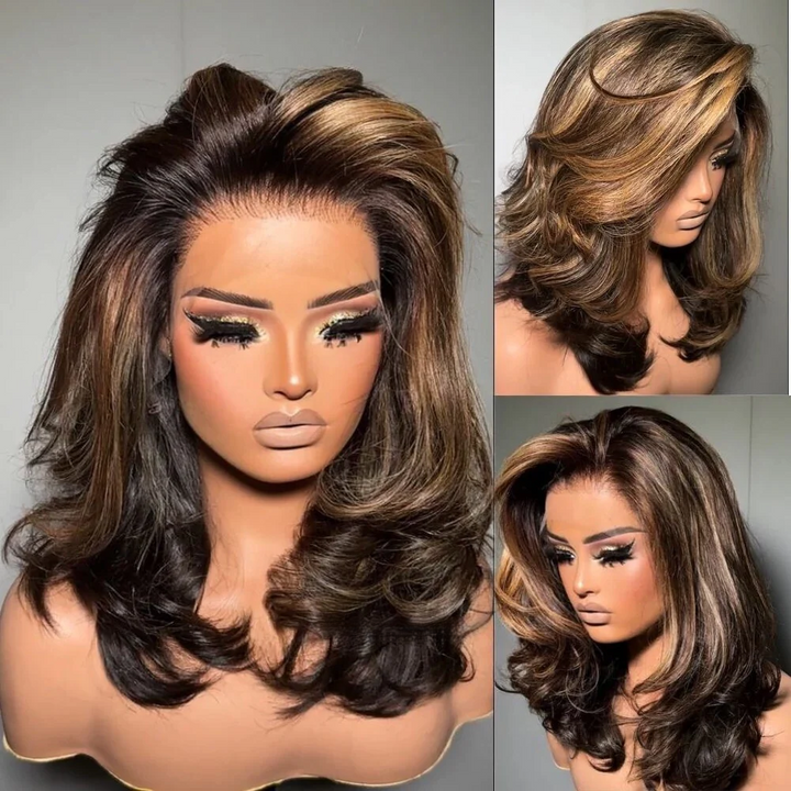 4x4/7x5 Lace Blonde Highlight With Dark Brown Layered Wavy Glueless Wig