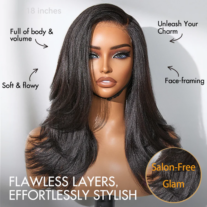 7x5 Lace Natural Look Yaki Texture Layered Bangs Bob Wig Glueless 100% Human Hair Wig