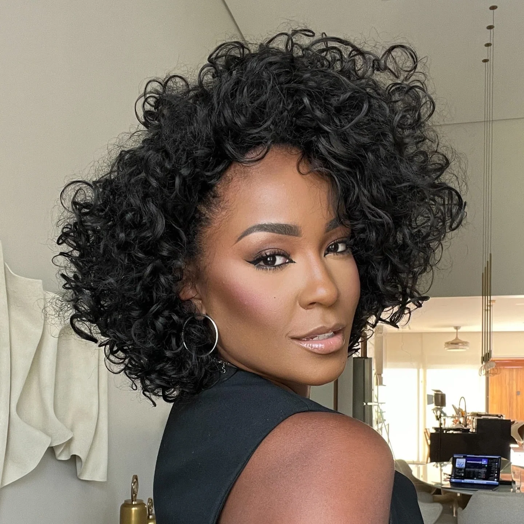 No Lace  Put On & Go Glueless Short Bob Curly 100% Human Hair Wig