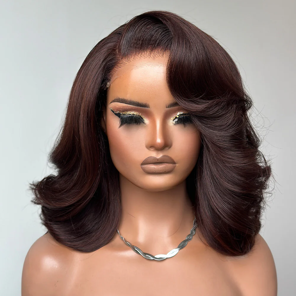 4x4 Lace Dark Brown Layered Cut Body Wave Bob Wig 100% Human Hair