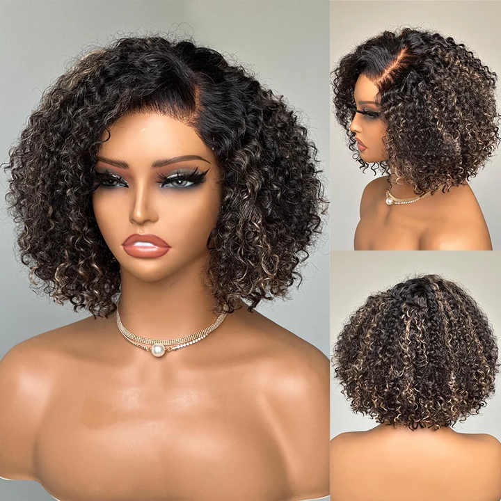4x4 Lace  Blonde Highlight Kinky Curly Glueless Bob Wig