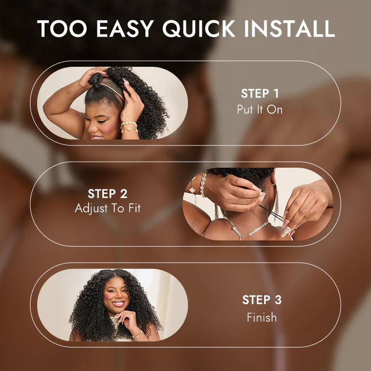 3 IN 1 HALF WIG Layer Cut Kinky Curly Half Wig Draw-strings Flip Over Wig