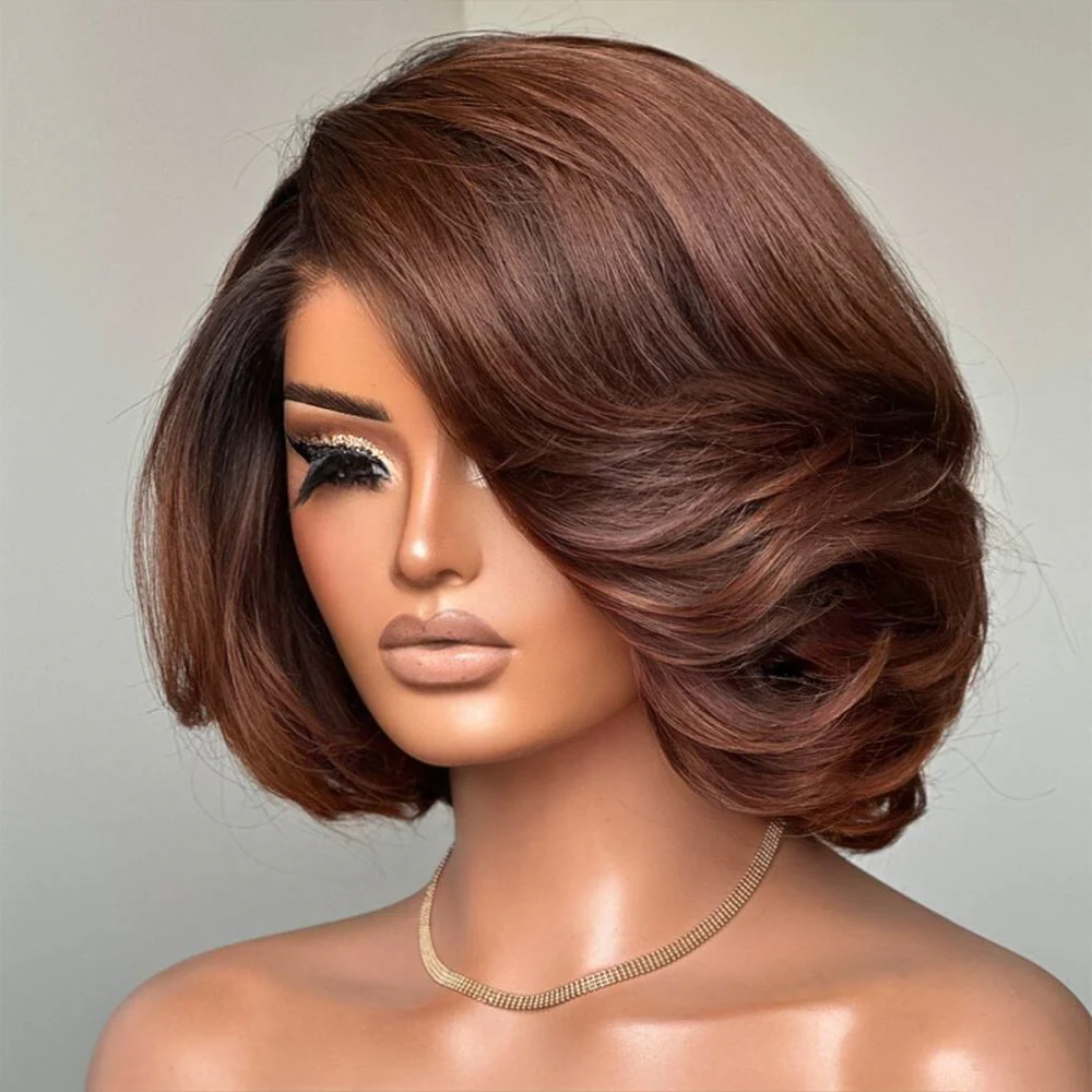 4x4 Lace Ombre Brown Layered Wavy Glueless Bob Wig