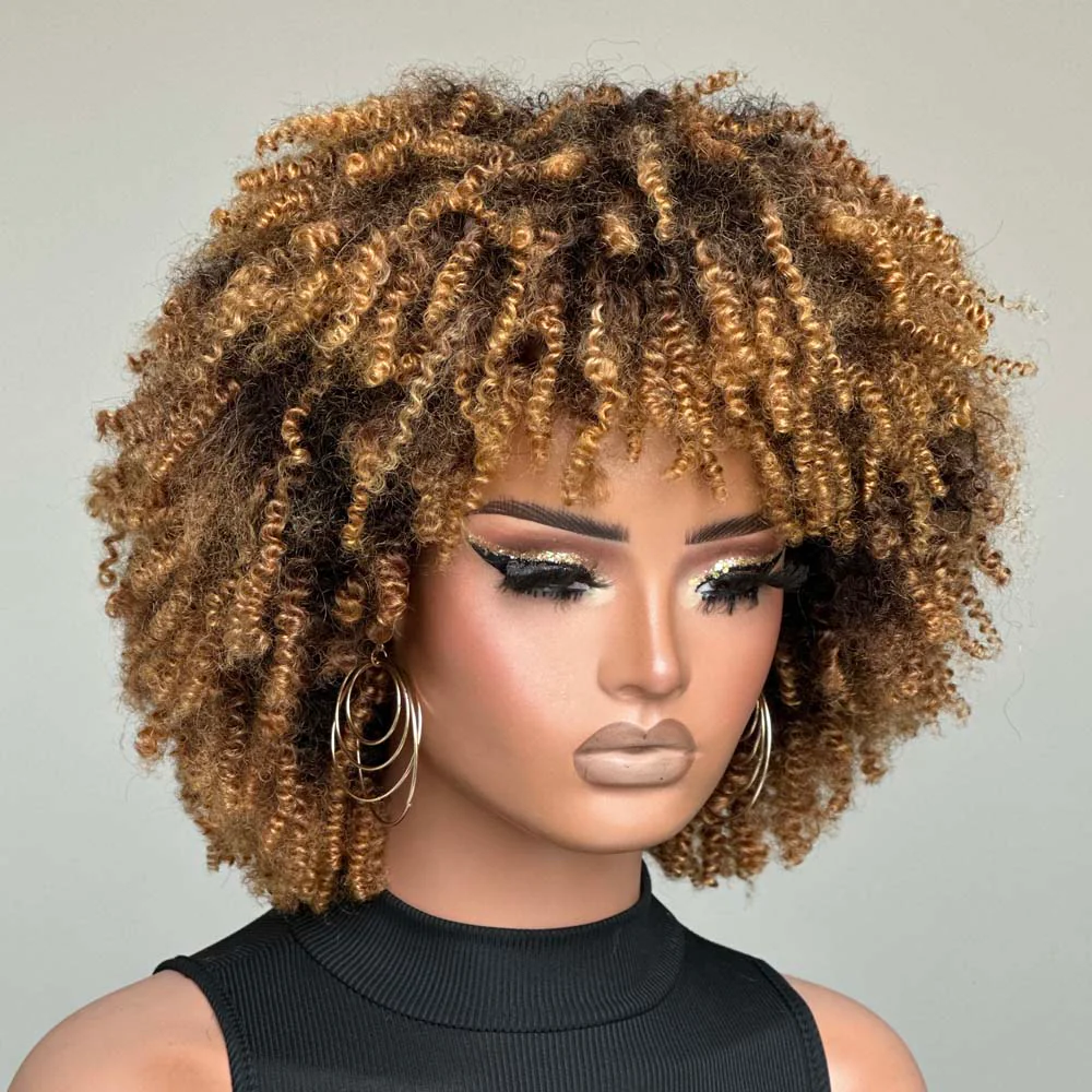 No Lace Put on & Go Honey Blonde Highlights Afro Kinky Coily Glueless Bob Wig With Bangs