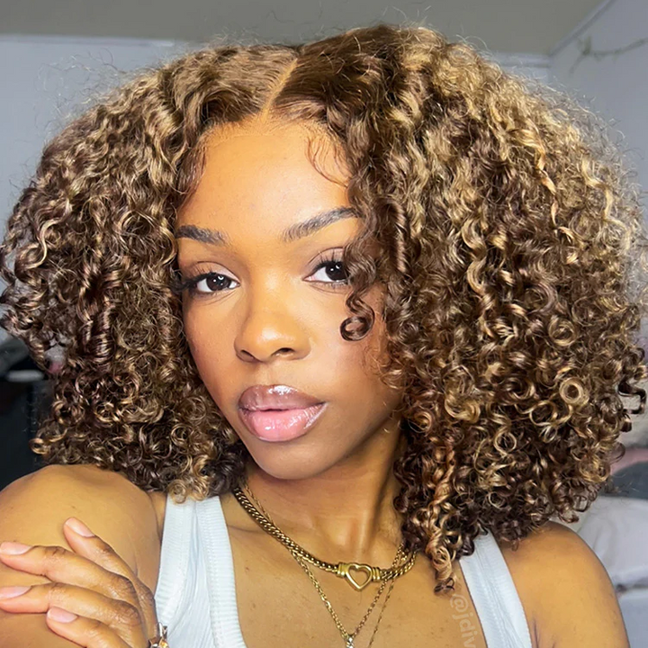 Kinky Curly Honey Blonde Highlight 7x5 Pre-Everyhthing & Transparent Lace Wear Go Glueless Wig